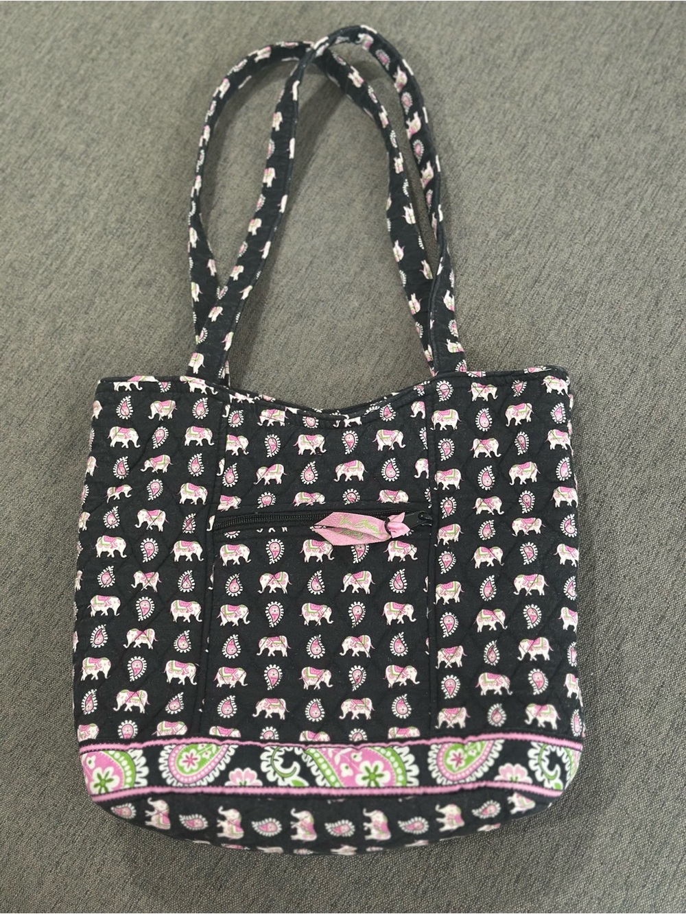 Vera Bradley Rare Black Tote with Pink and White Elephant Pattern